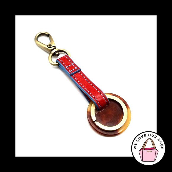 New BARR BARR Red LEATHER Strap Tiger Eye Brass Fob Bag Charm Keychain Hang Tag - Picture 2 of 2